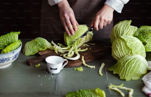 a person cutting cabbage on a cutting board