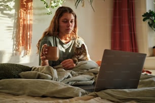 a woman sitting on a bed with a laptop and a cat