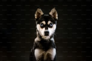 um pequeno cão preto e branco com olhos azuis