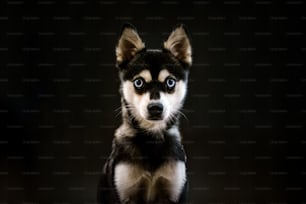 a small black and white dog with blue eyes