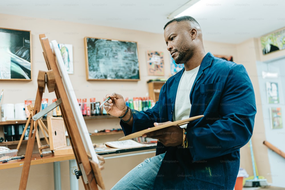 a man sitting in front of a easel painting