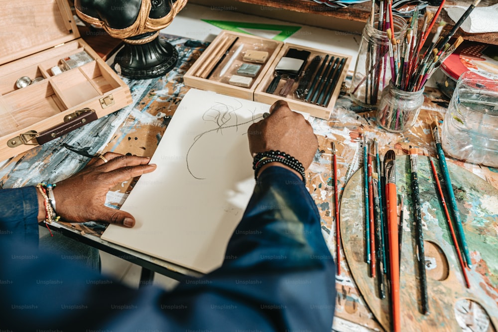 a person sitting at a table with art supplies