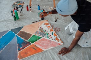 a person painting a picture on a sheet of paper
