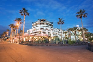 Scenic night view of Las Americas boulevard, in Tenerife, Canary island, Spain.