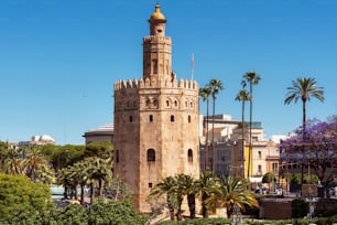 Torre del Oro Gold Tower medieval landmark from early 13th century in Seville, Spain, Andalusia region .