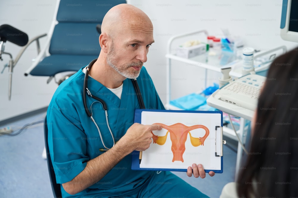 Serious medical worker sits in front of a woman while in his hands is a printed diagram of the organs of the reproductive system