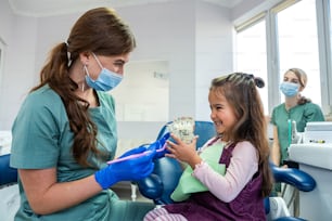 Estomatologista do sexo feminino mostrando à menina como escovar corretamente os dentes. Consultório odontológico