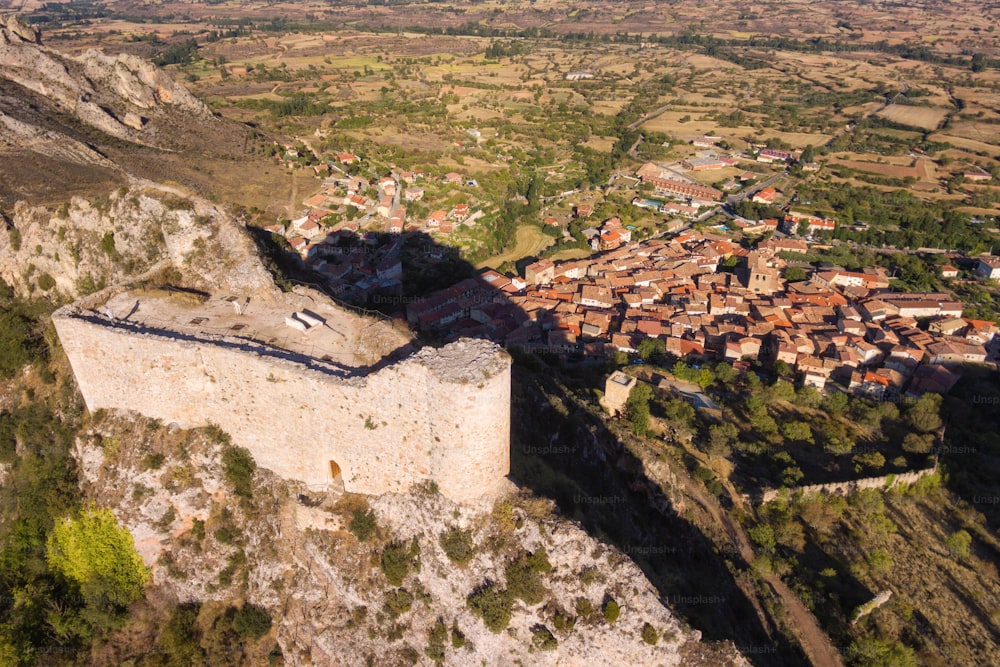 Aerial view of ancient ruins of Poza de la Sal castle in Burgos, Castile and Leon, Spain.