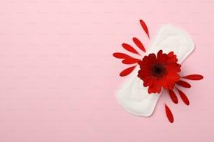 Sanitary pad with gerbera on pink background, top view