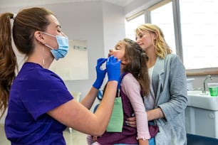 Female dentist examining teeth of little girl at dental clinic. Mother supporting her little daughter at dentist's office. Healthcare
