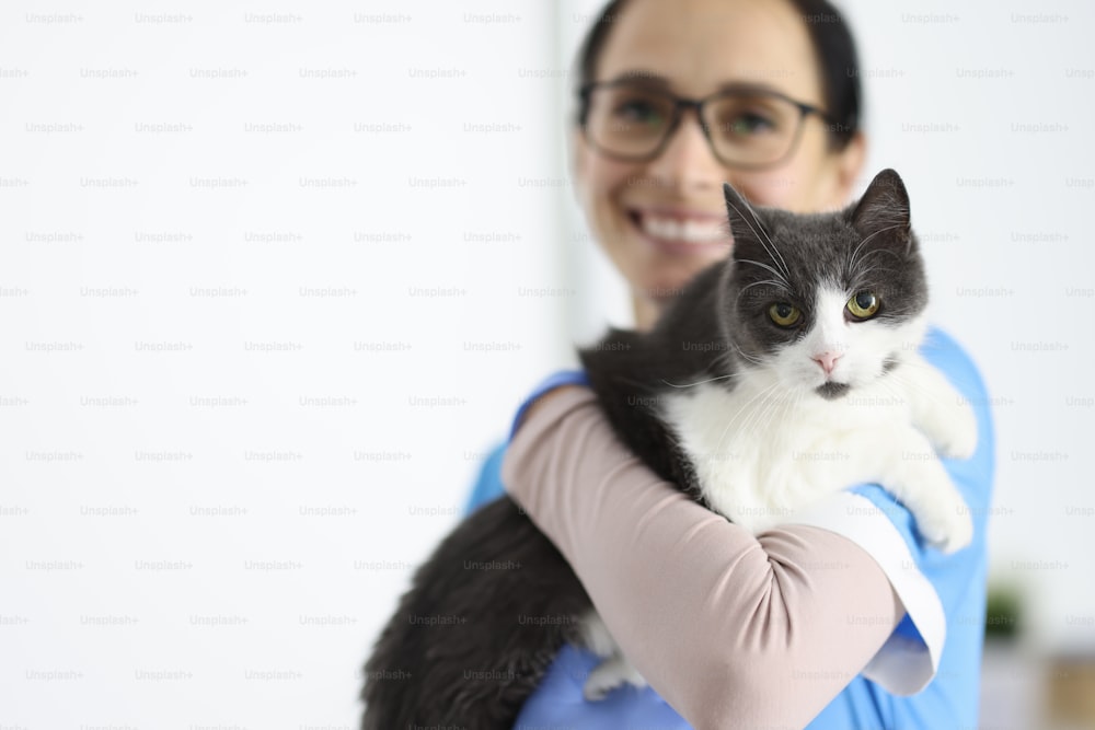笑顔の獣医が猫を腕に抱いています。動物病院サービスのコンセプト