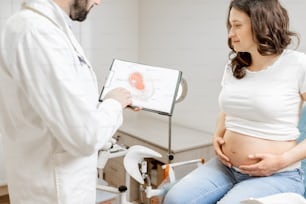 Arzt mit schwangerer Frau während einer ärztlichen Konsultation in der gynäkologischen Praxis, zeigt einige medizinische Schemata zum Verständnis. Konzept der medizinischen Versorgung und Gesundheit während der Schwangerschaft
