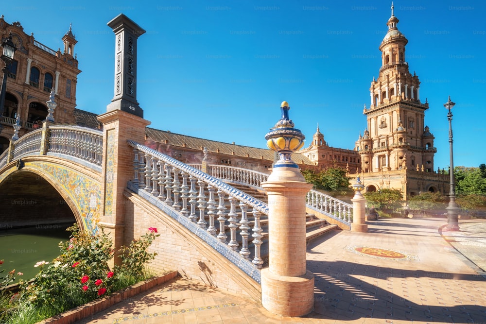 Spanish Square Plaza de Espana in Sevilla in a beautiful summer day, Spain.