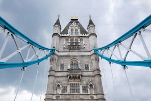 Tower Bridge close up over dramatic cloudy sky .