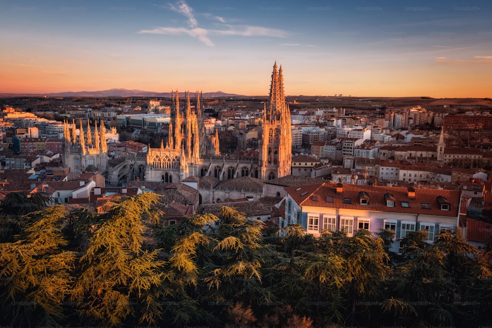 Burgos Cathedral and city panorama at sunset. Burgos, Castile and Leon, Spain.