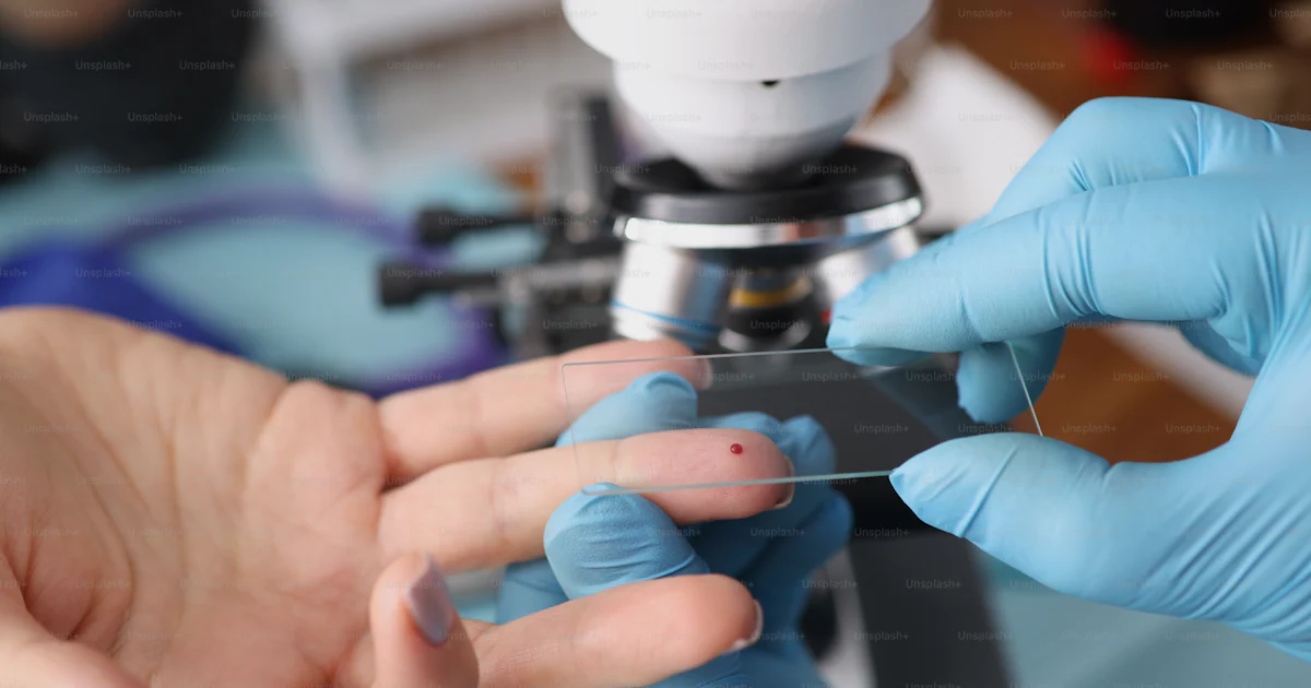 Close-up of laboratory worker taking blood from female finger for ...