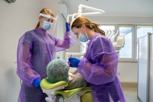 Der Zahnarzt und seine Assistentin untersuchen die Mundhöhle und behandeln den Kunden. Behandlung der Zähne, Pflegekonzept