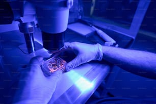 Lavoratore di laboratorio scientifico che ricerca cellule staminali umane in un piatto di coltura cellulare al microscopio in laboratorio con luce ultravioletta