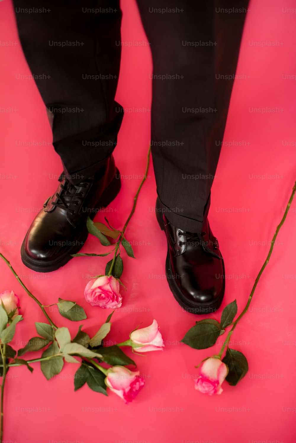 ピンク色の地面に黒い靴を履いた男が立っている