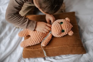 a little boy that is holding a stuffed animal