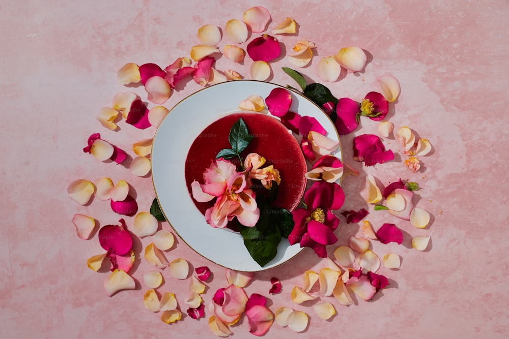 une assiette blanche surmontée de fleurs roses et jaunes