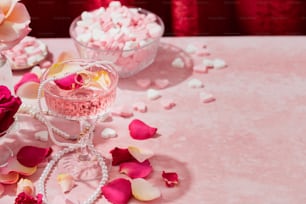 ピンクと白のキャンディーのボウルが置かれたテーブル
