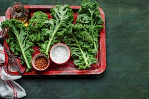 a red tray topped with lots of green vegetables