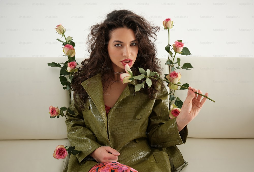 a woman sitting on a couch holding a rose