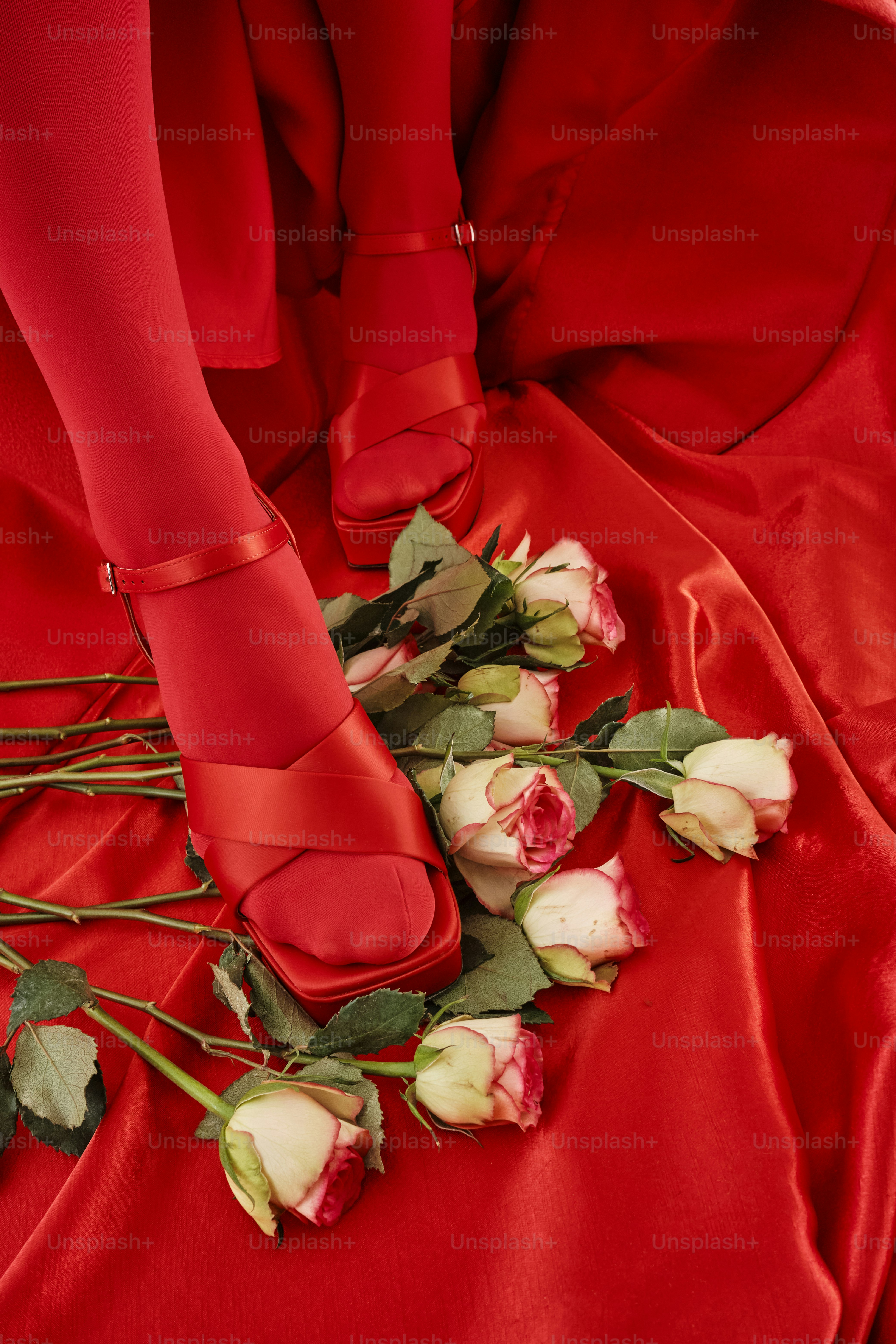 A woman in a red dress with roses on the floor photo – Rose flower ...