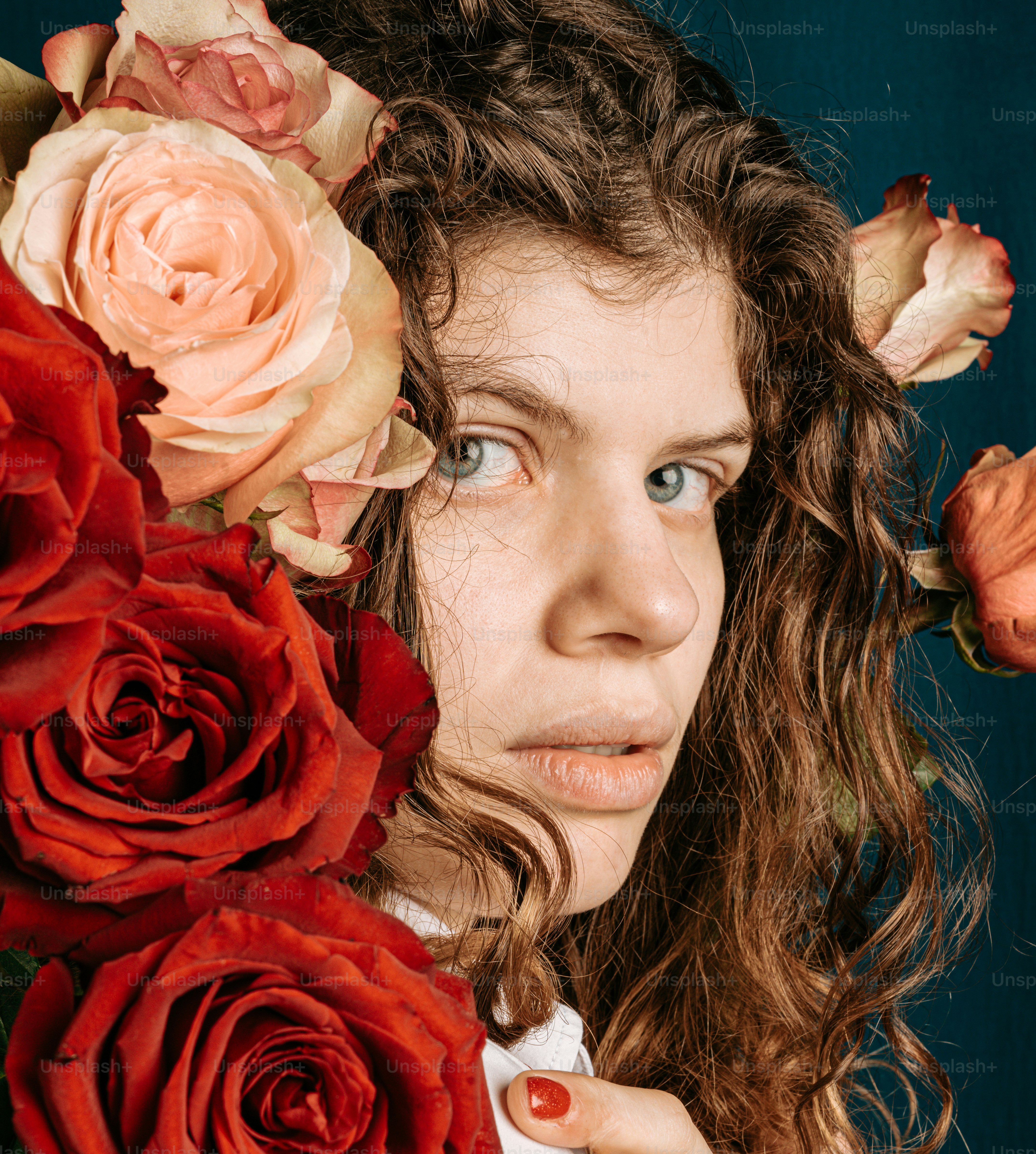 a woman holding a bunch of roses in her hands