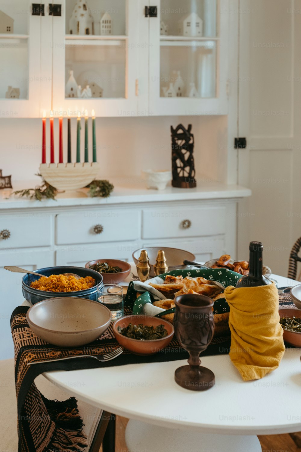 a dining room table with food on it