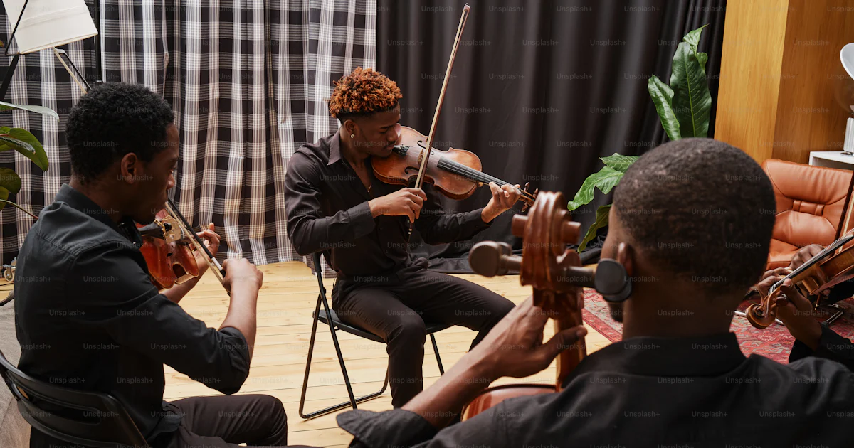 A group of men playing musical instruments in a room photo – Black ...