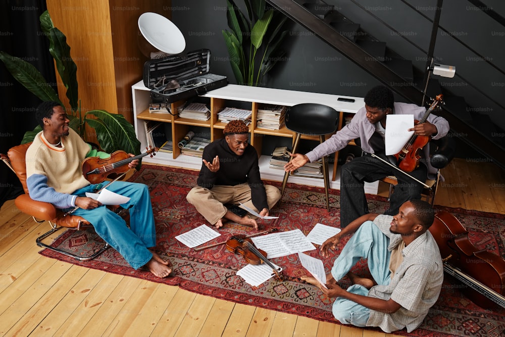 a group of men sitting around each other on a rug