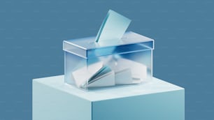 a blue box with a piece of paper sticking out of it