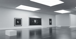 a black and white photo of a large room