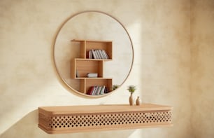 a wooden shelf with a mirror above it