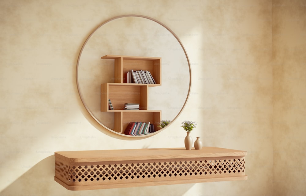 a wooden shelf with a mirror above it