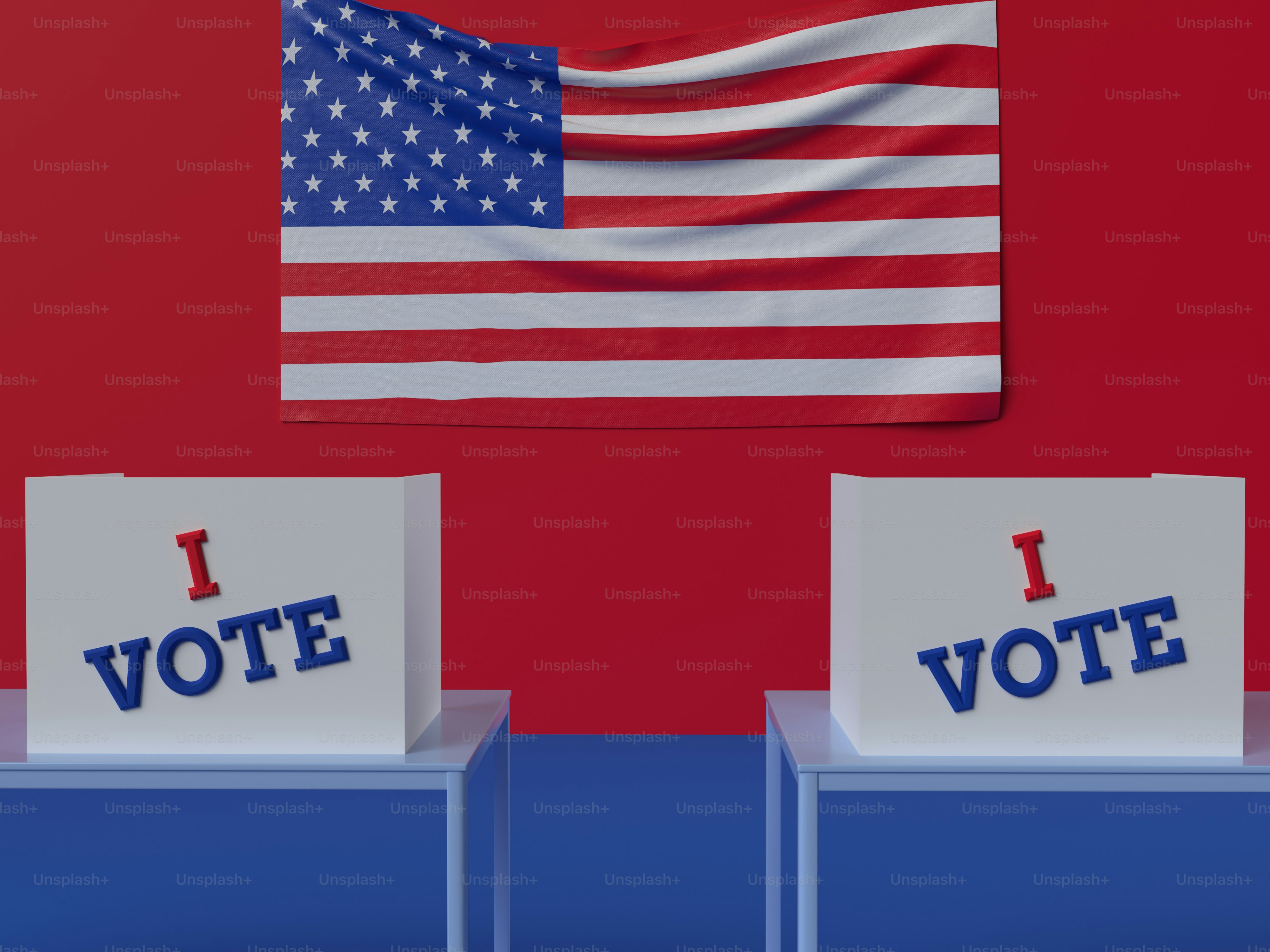 Duas cadeiras com cartazes I Vote em frente a uma bandeira americana