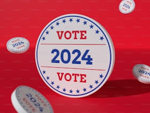 un adesivo di voto circondato da bottoni su sfondo rosso