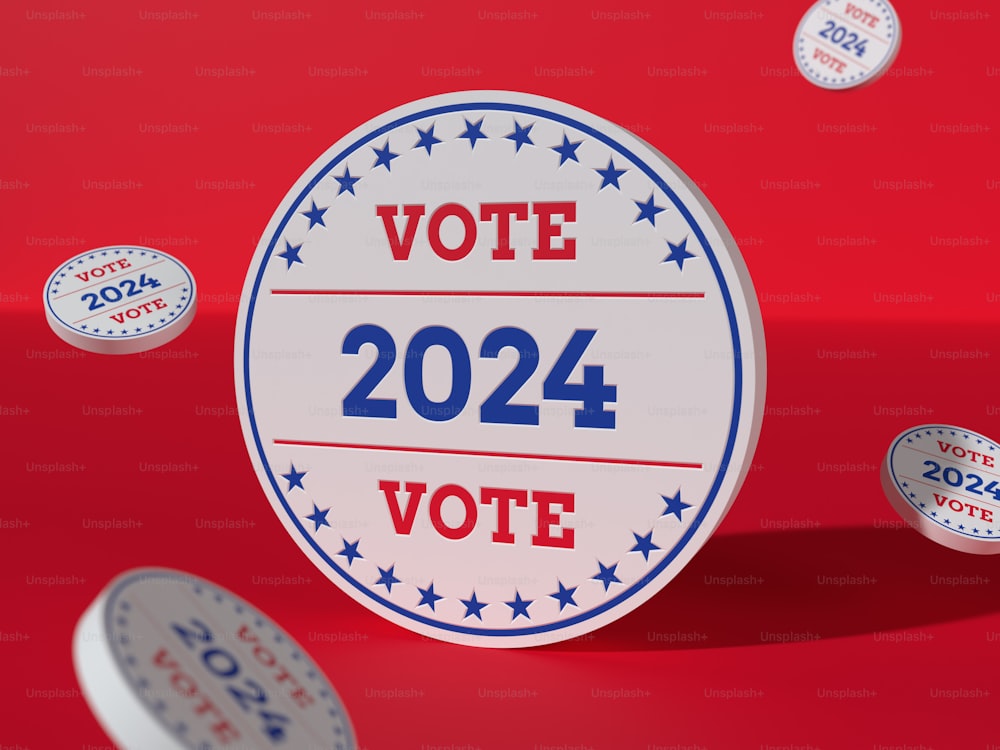a vote sticker surrounded by buttons on a red background