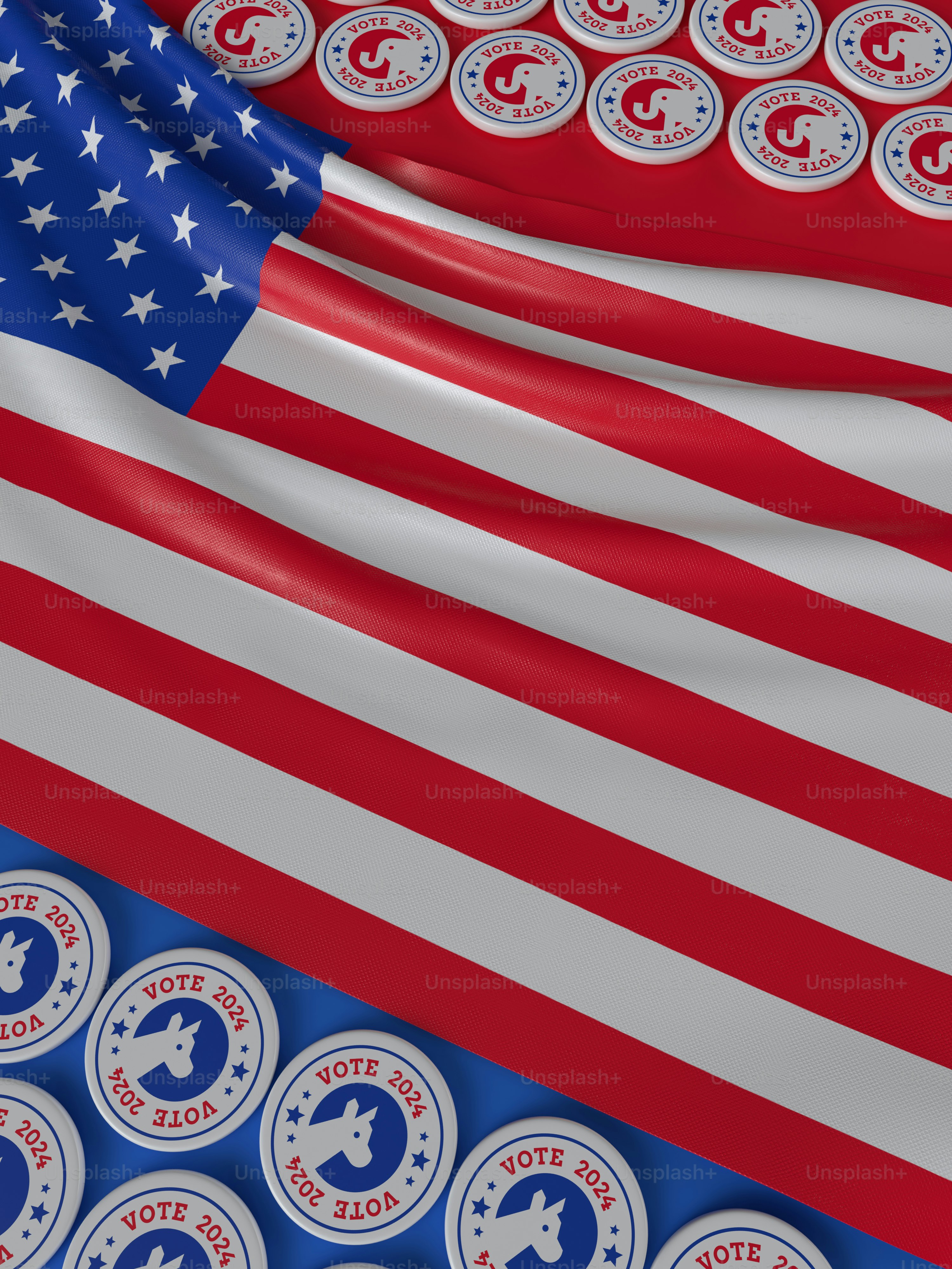 a close up of an american flag with a lot of stickers on it