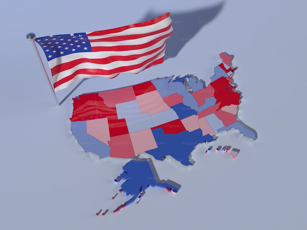 アメリカの国旗を掲げたアメリカの地図