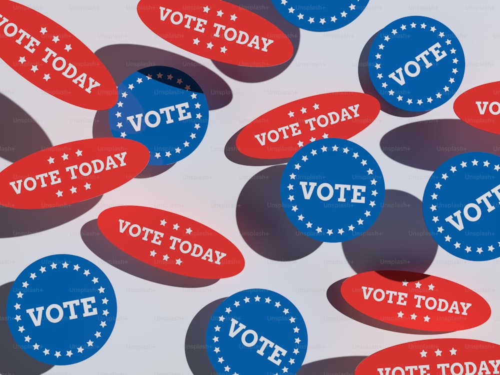 빨간색, 흰색, 파란색 스티커에 오늘 투표라고 적힌 스티커
