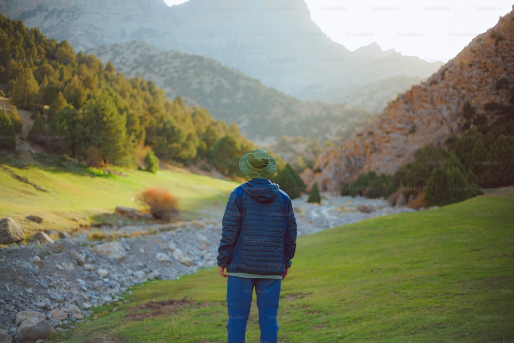 a person standing in a field with mountains in the background