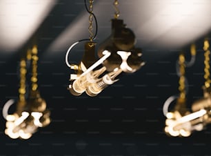 a group of lights hanging from a ceiling