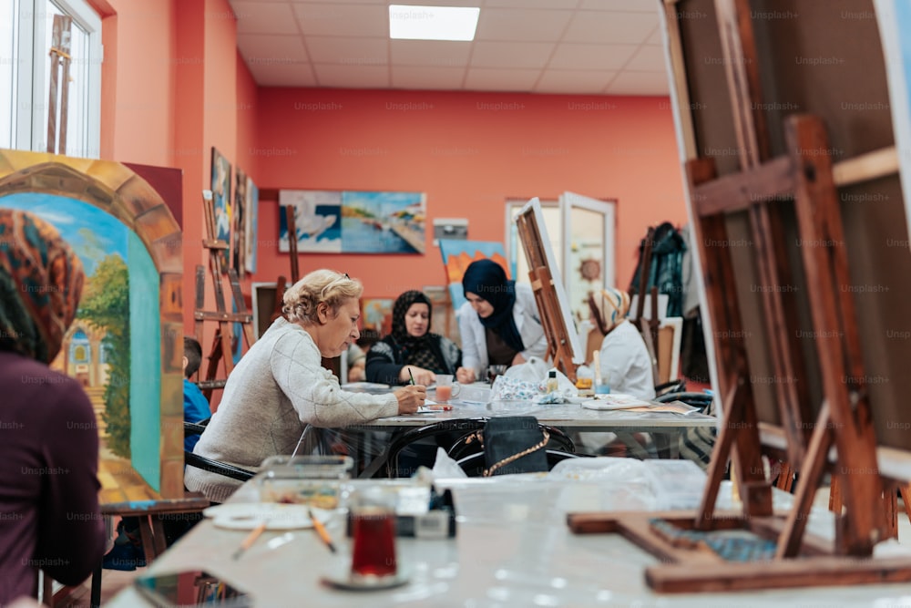 a group of people sitting around a table in a room