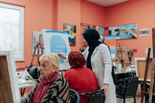 a group of people in a room with paintings on the walls
