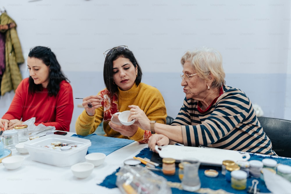 a group of women sitting around a table eating food