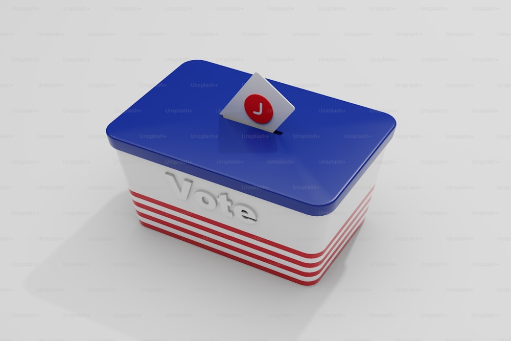 a blue and white box with a red and white tag on it