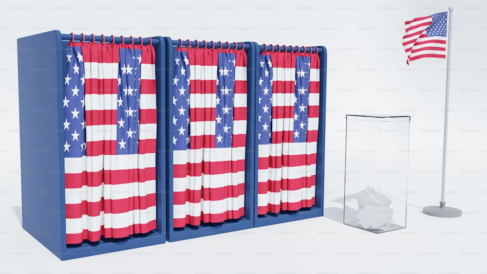 an american flag is displayed next to a podium